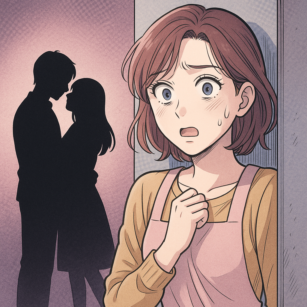 物陰から若い男女のシルエットが寄り添う姿を目撃して驚くエプロン姿の女性を描いた少女漫画風イラスト。