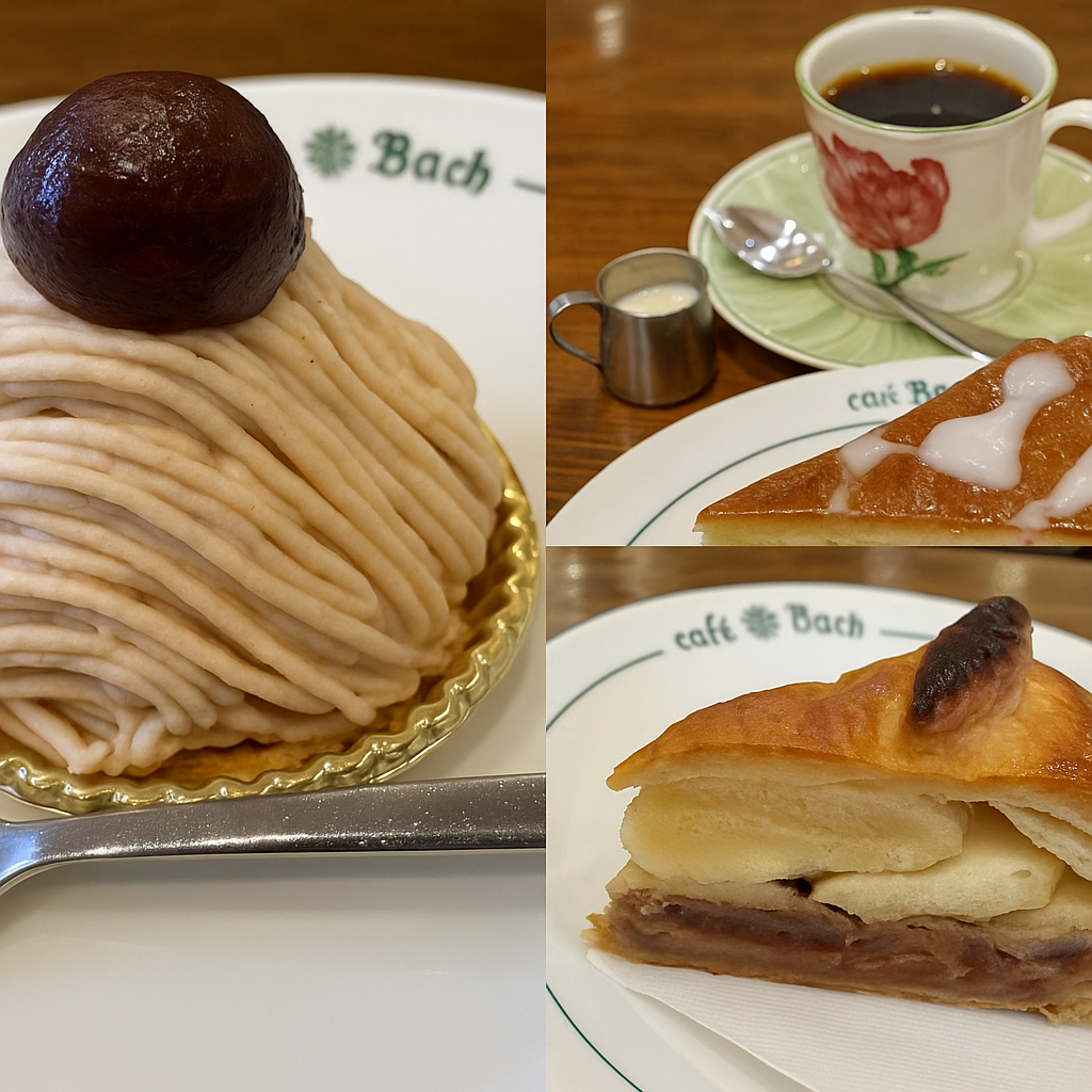 カフェバッハさんの2025年9月から11月の「季節のケーキ」を1枚の写真にしたもの。モンブランケーキ、昔風りんごのケーキ、アップルパイ。