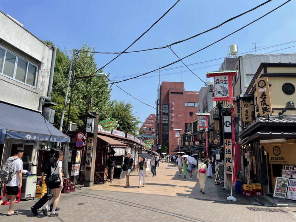 江戸風の街並みが再現された「伝法院通り(でんぼういんどおり)」の様子。