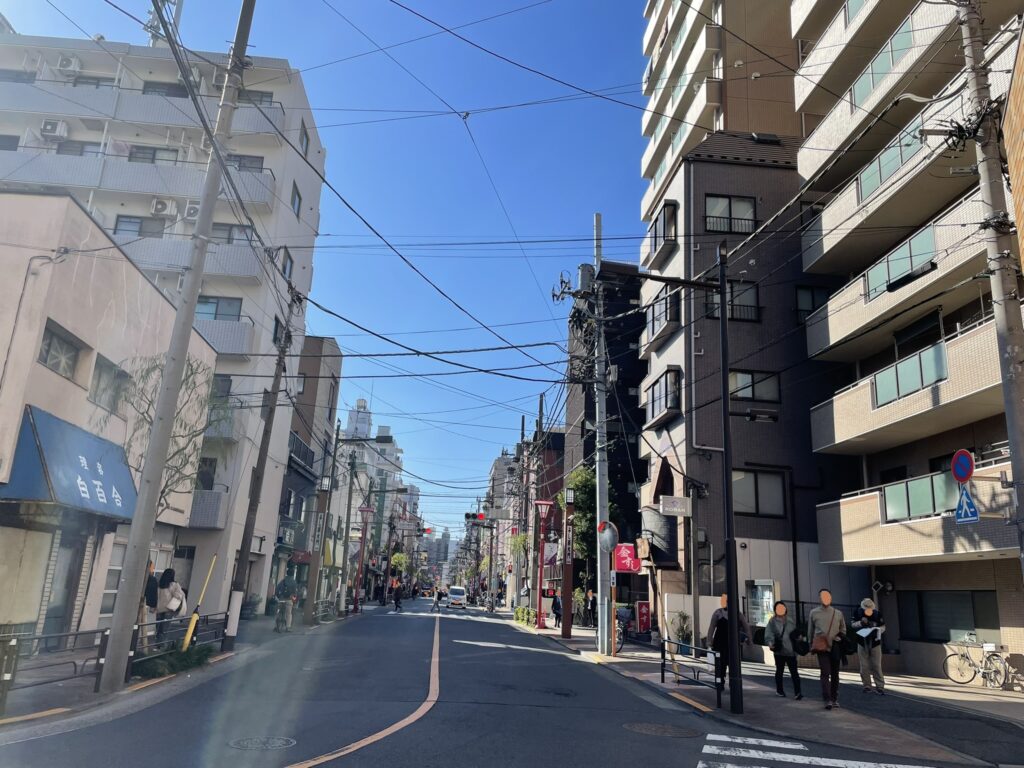 吉原大門から入った仲之町通り。マンションも建ち並んでいる。