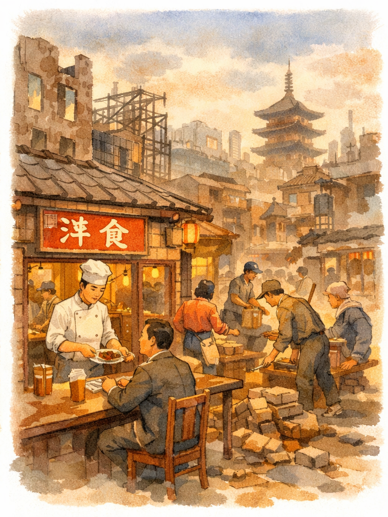 戦後復興期の浅草。焼け跡の街で営業を続ける洋食屋と、食事をとる人々の姿。