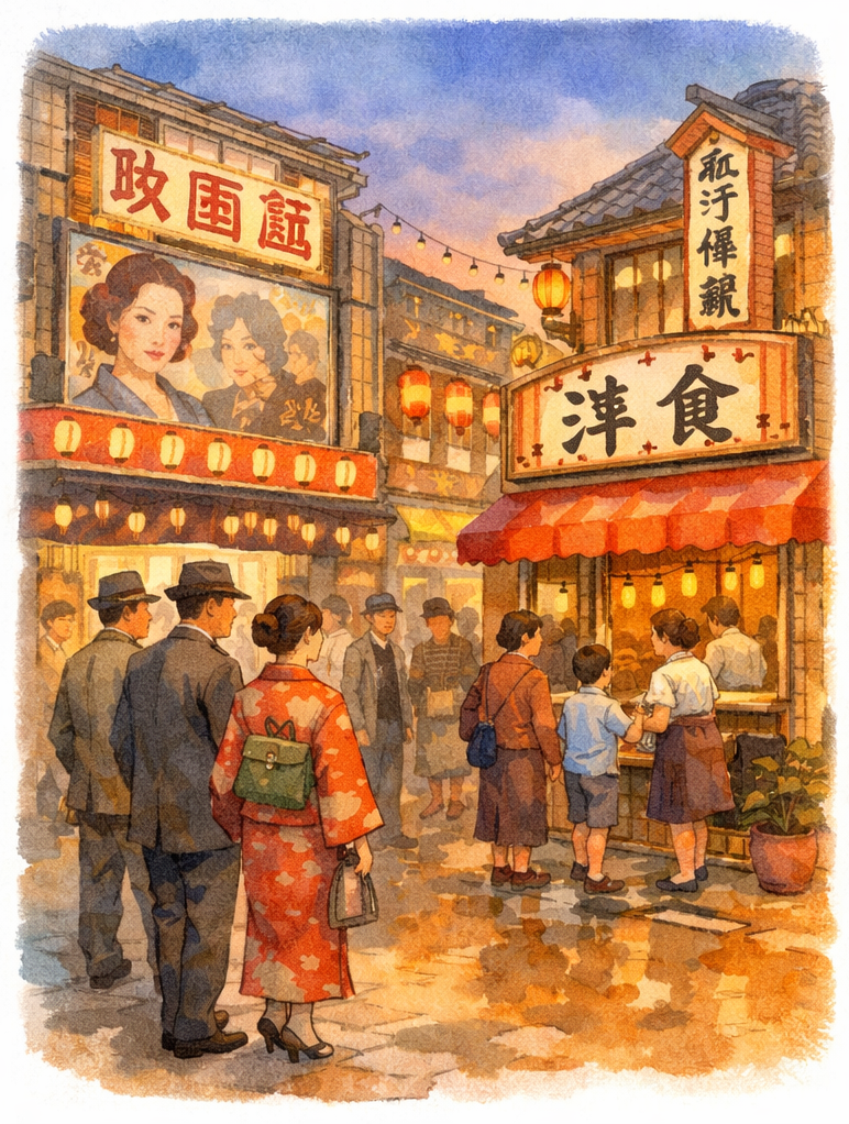 昭和初期の浅草。映画館や芝居小屋の明かりが並ぶ通りに、洋食屋の前で人々が集う様子。