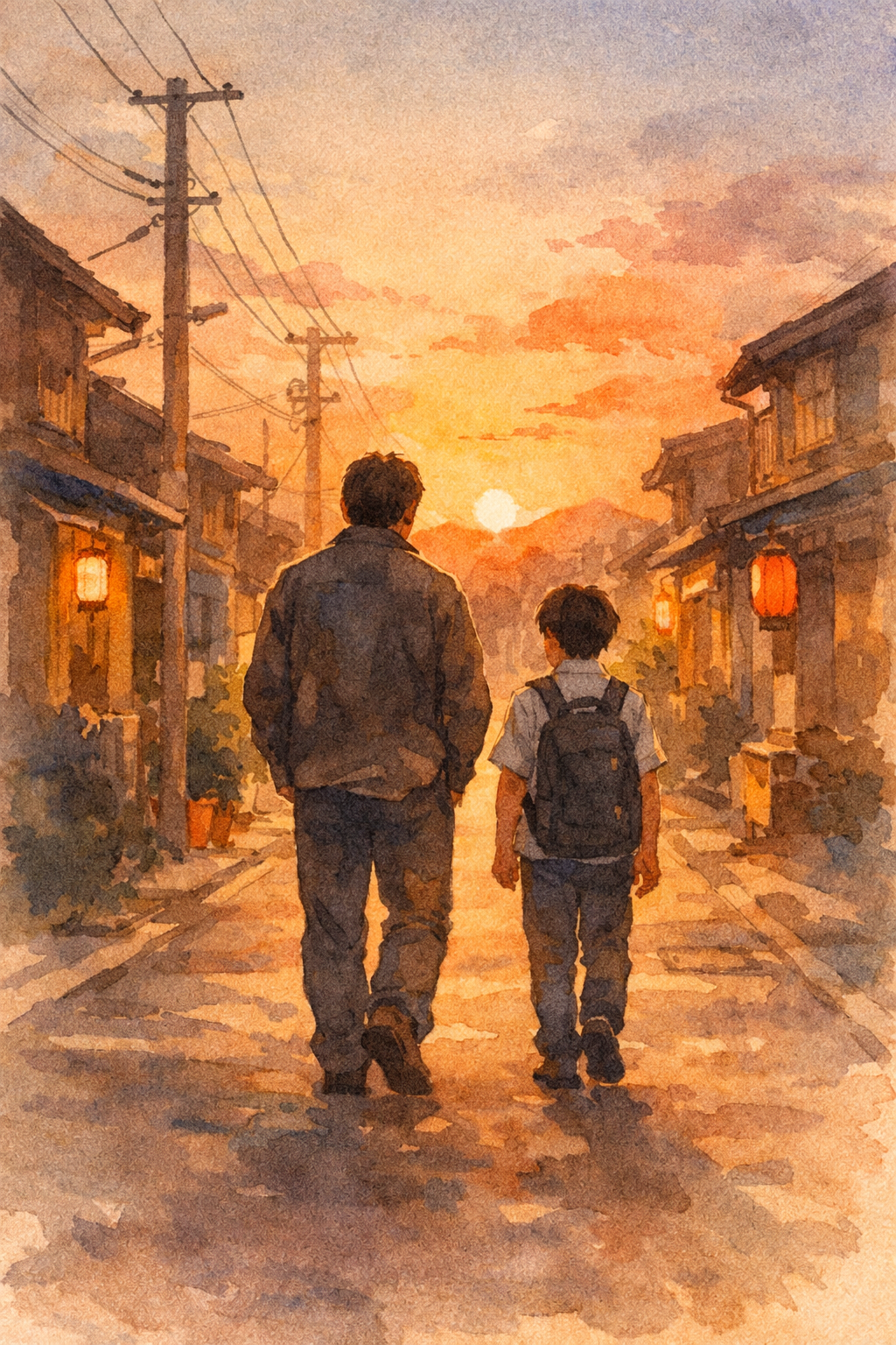 夕暮れの下町を、父と息子が並んで歩く後ろ姿の水彩イラスト。
