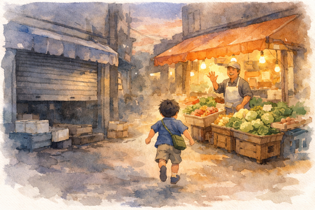 夕暮れの商店街で、シャッターが閉まった鮮魚商の前を、明かりの灯る青果商へ向かって子どもが走って行く水彩画のイラスト。