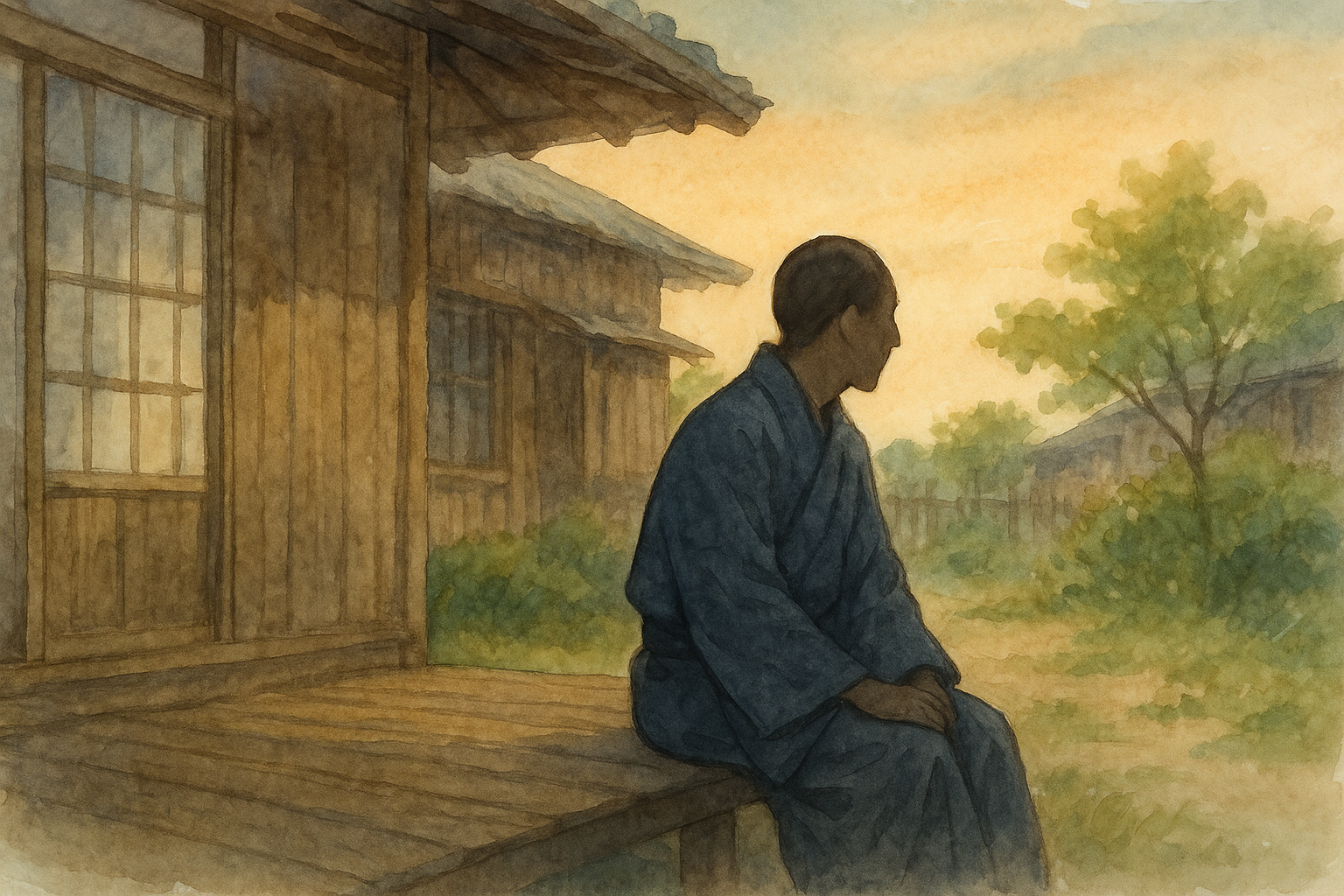 夕暮れ。日本家屋の縁側に腰かけ、着物を着たひとりの男性が庭を眺めているイラスト。