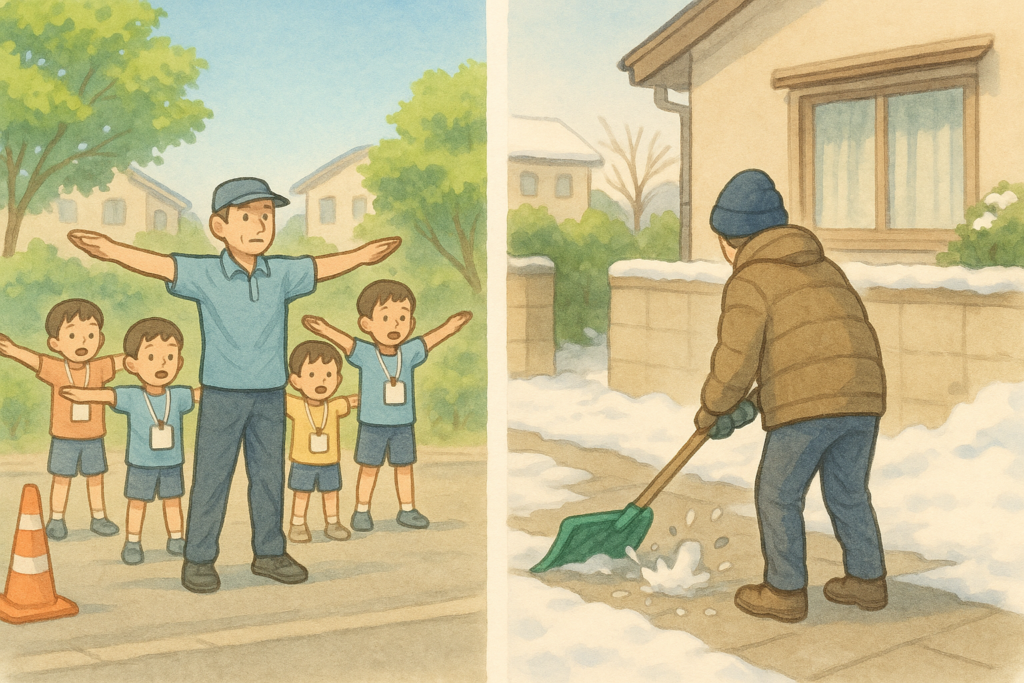 夏と冬の風景を一枚に描いたイラスト。左側には早朝のラジオ体操で賑わう町内会の風景、右側には冬の朝にご近所の方が雪のアイスバーンをスコップで砕いている温かな助け合いの様子が描かれる。