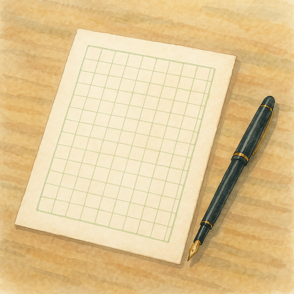 木の机の上に置かれた原稿用紙と万年筆の水彩画イラスト。