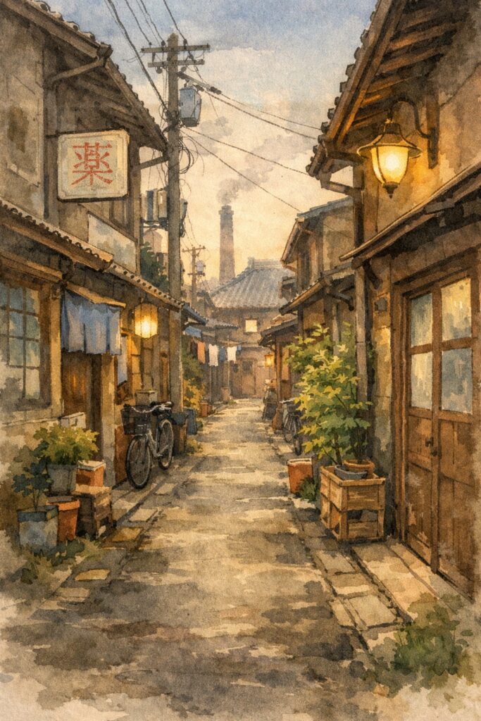 昭和の下町、商店街から続く静かな路地を描いたイラスト。