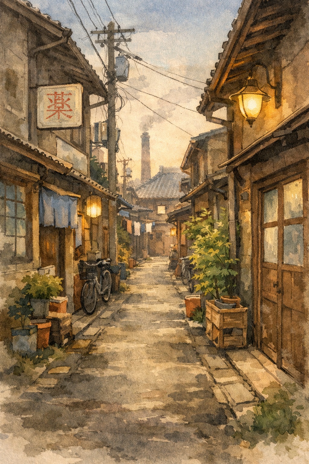 昭和の下町、商店街から続く静かな路地を描いたイラスト。