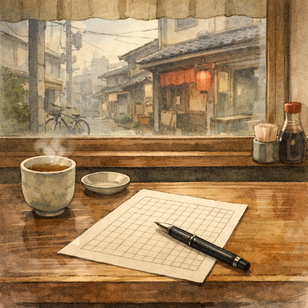 下町の食堂の窓際。原稿用紙とペン、湯気の立つ湯のみが置かれ、外には静かな路地が見える。