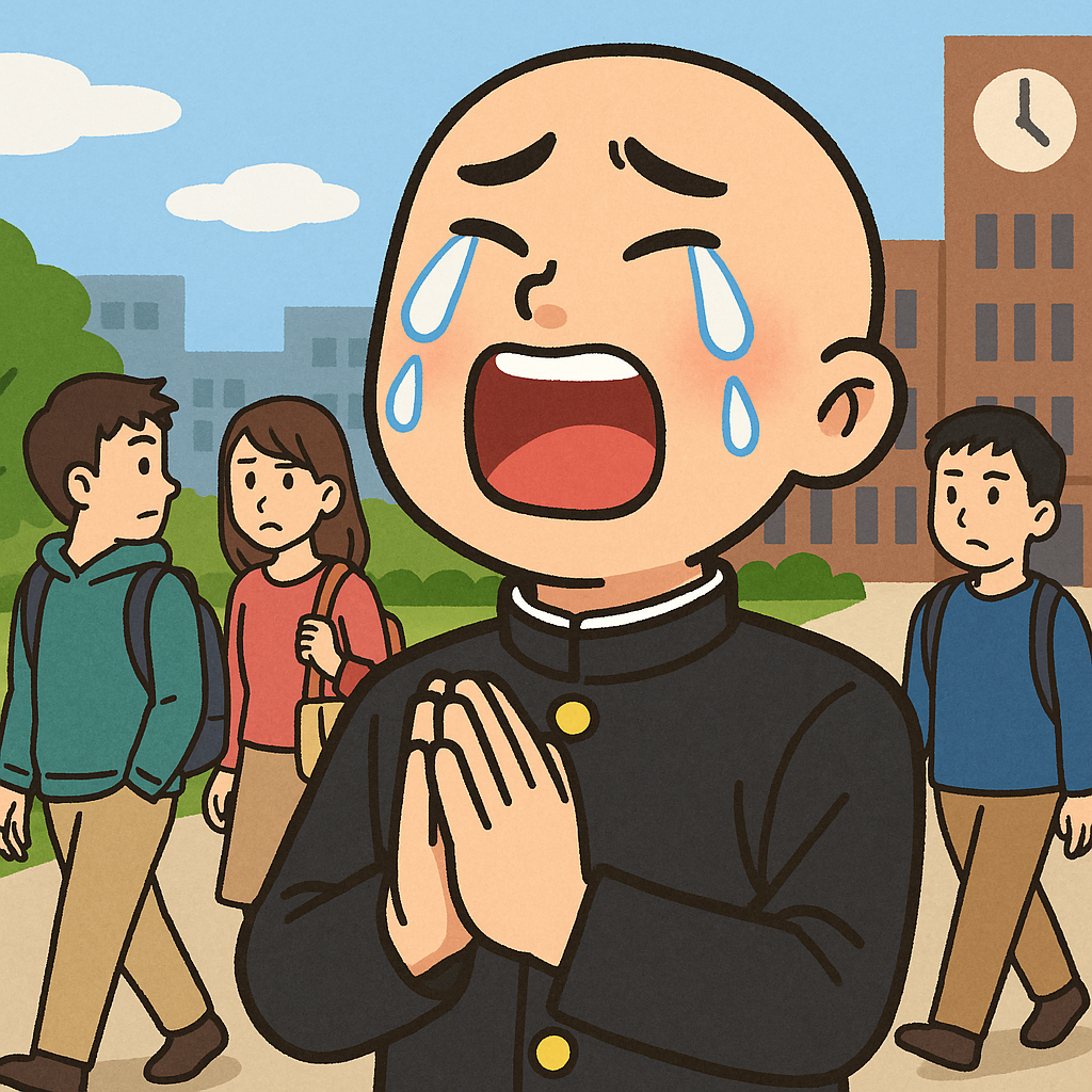 大学キャンパス内で、男子学生が両手を合わせ、嬉し涙を流して祈っているギャグのようなイラスト。