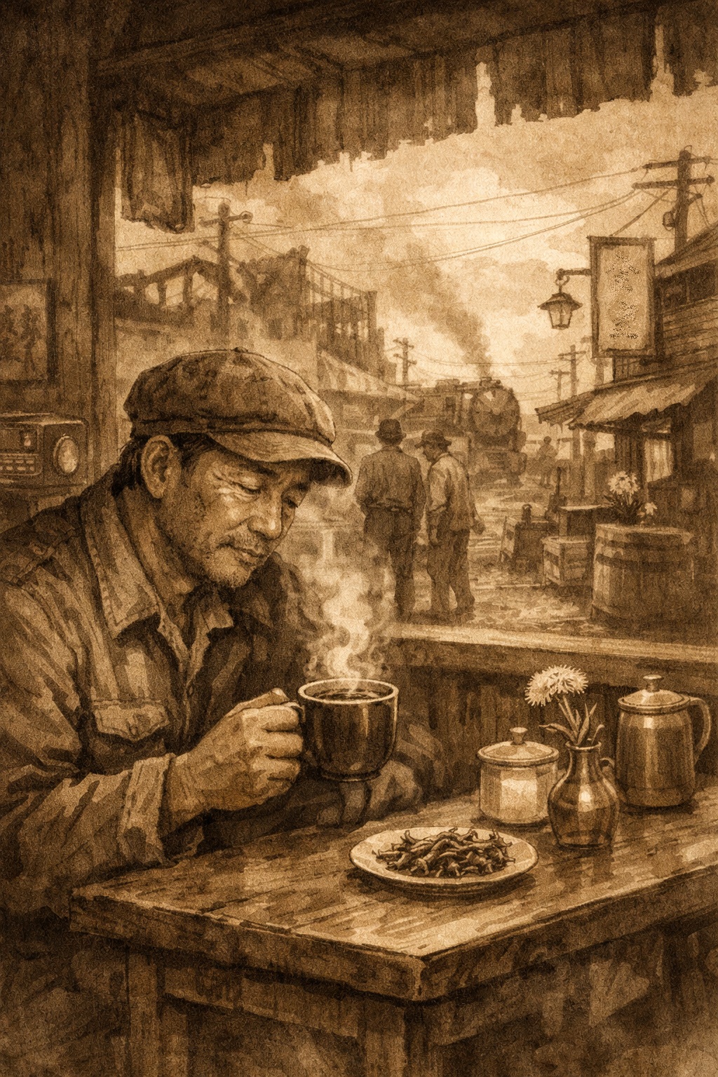 戦後の街角で、たんぽぽコーヒーを飲む男性のイラスト。