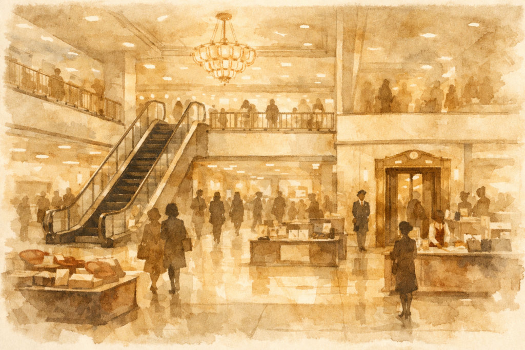 百貨店の吹き抜けホールと、エスカレーターやエレベーター、行き交う人々を描いた水彩風イラスト。