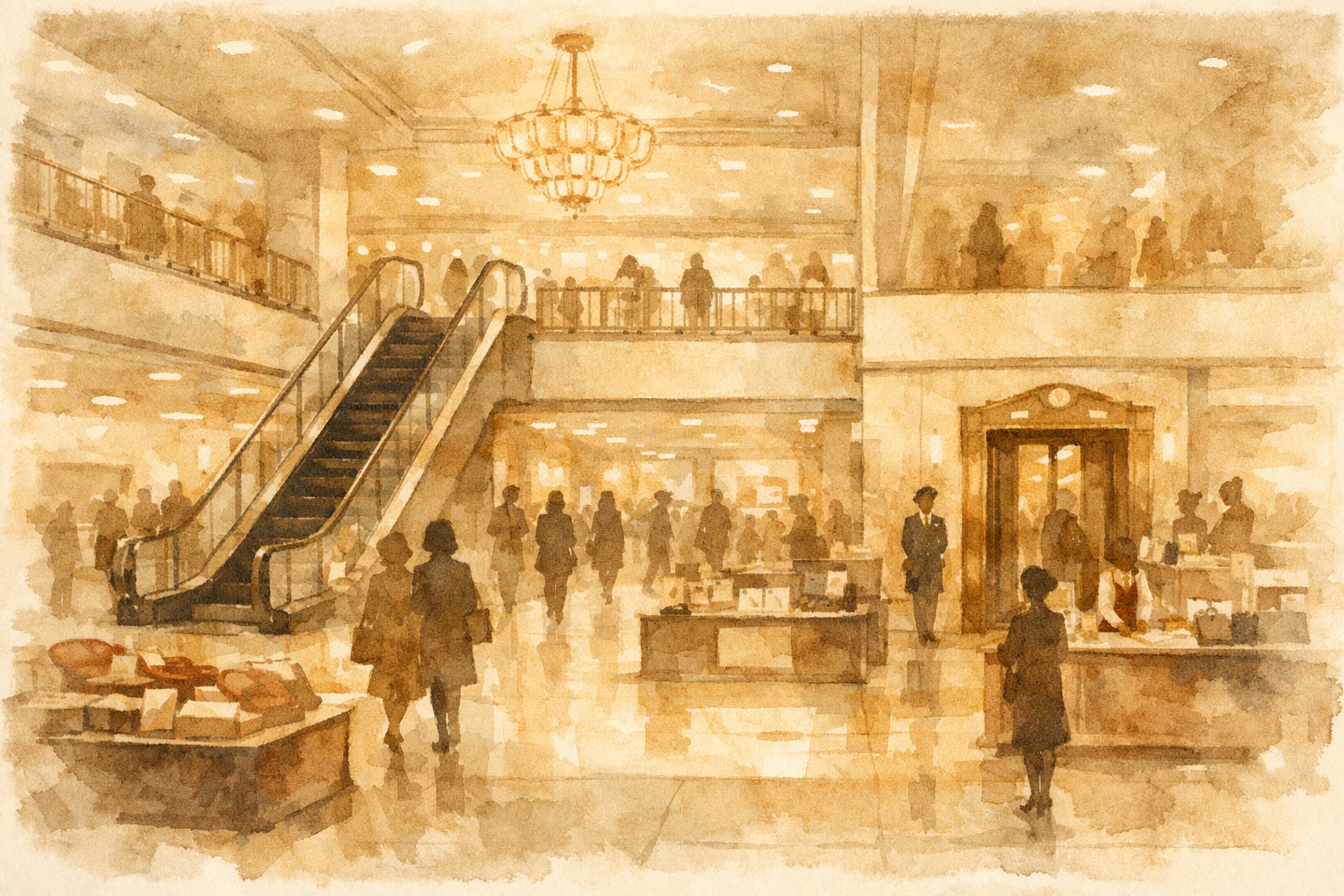 百貨店の吹き抜けホールと、エスカレーターやエレベーター、行き交う人々を描いた水彩風イラスト。