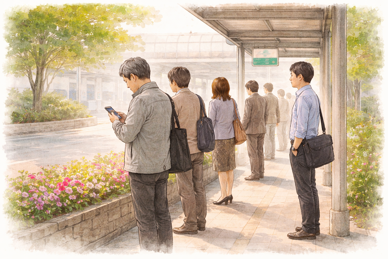 朝の駅前バス停で、花壇のそばに並びスマホを見る会社員たちの様子を描いた水彩風イラスト。