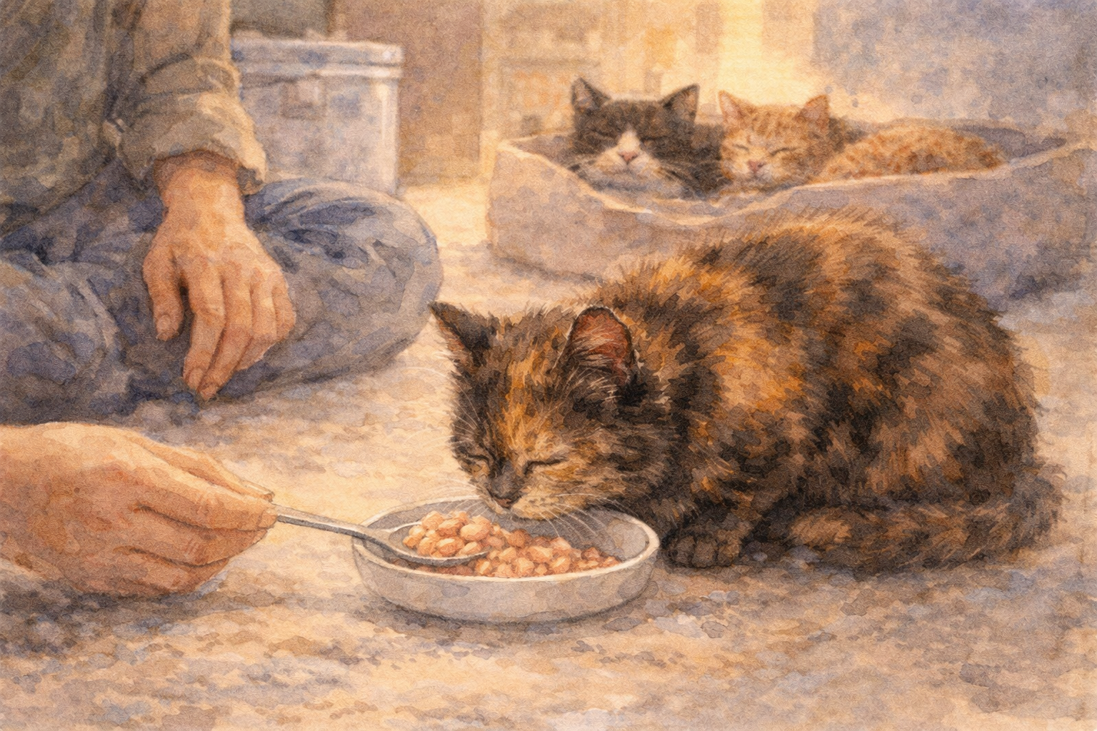 室内で皿の前にうずくまり、スプーンで運ばれた柔らかいご飯を食べる高齢猫の水彩イラスト。