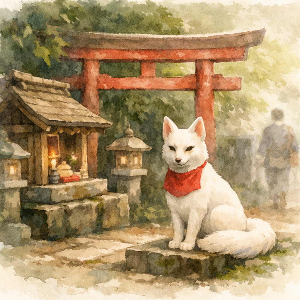 口入稲荷の小さな社の前で、白い狐が静かに座り、働く人の後ろ姿を見守っている水彩画風のイラスト。