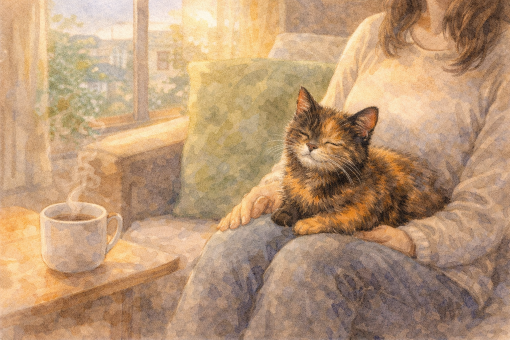 暖かい光の差し込む部屋で、人の膝の上に乗って安心した表情で目を閉じるサビ猫の水彩イラスト。