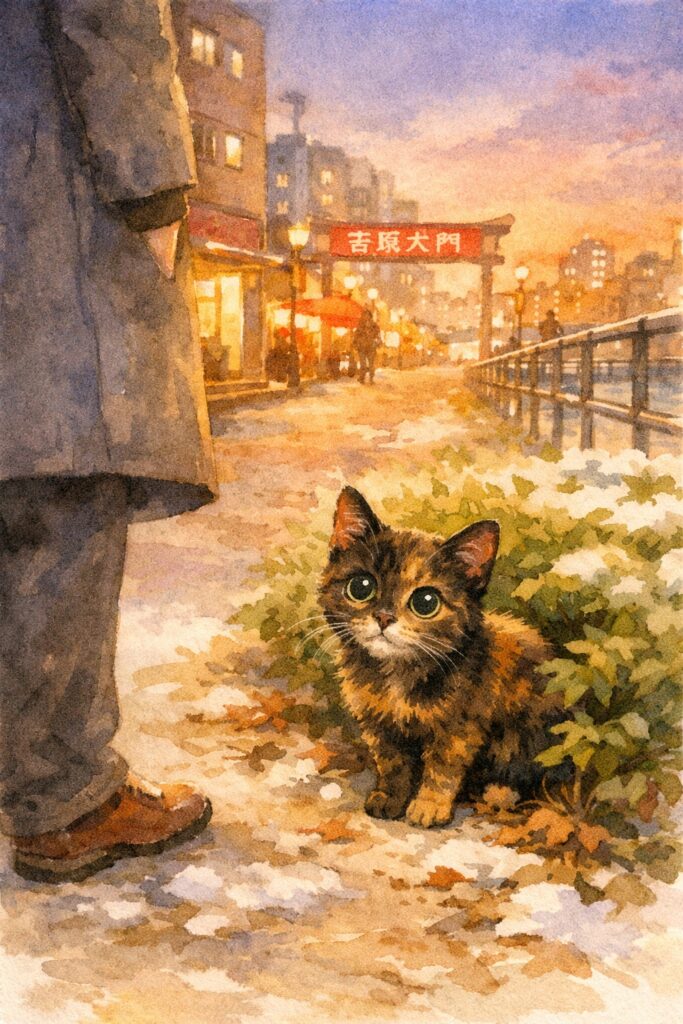 冬の夕暮れの土手通りで、植え込みの前に立ち止まり、こちらを見上げる小さなサビ猫の水彩イラスト。