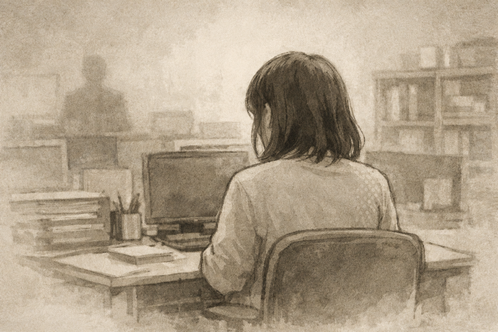 オフィスでデスクに向かう女性の後ろ姿と、背後にぼんやりとした人影があるセピア調のイラスト。
