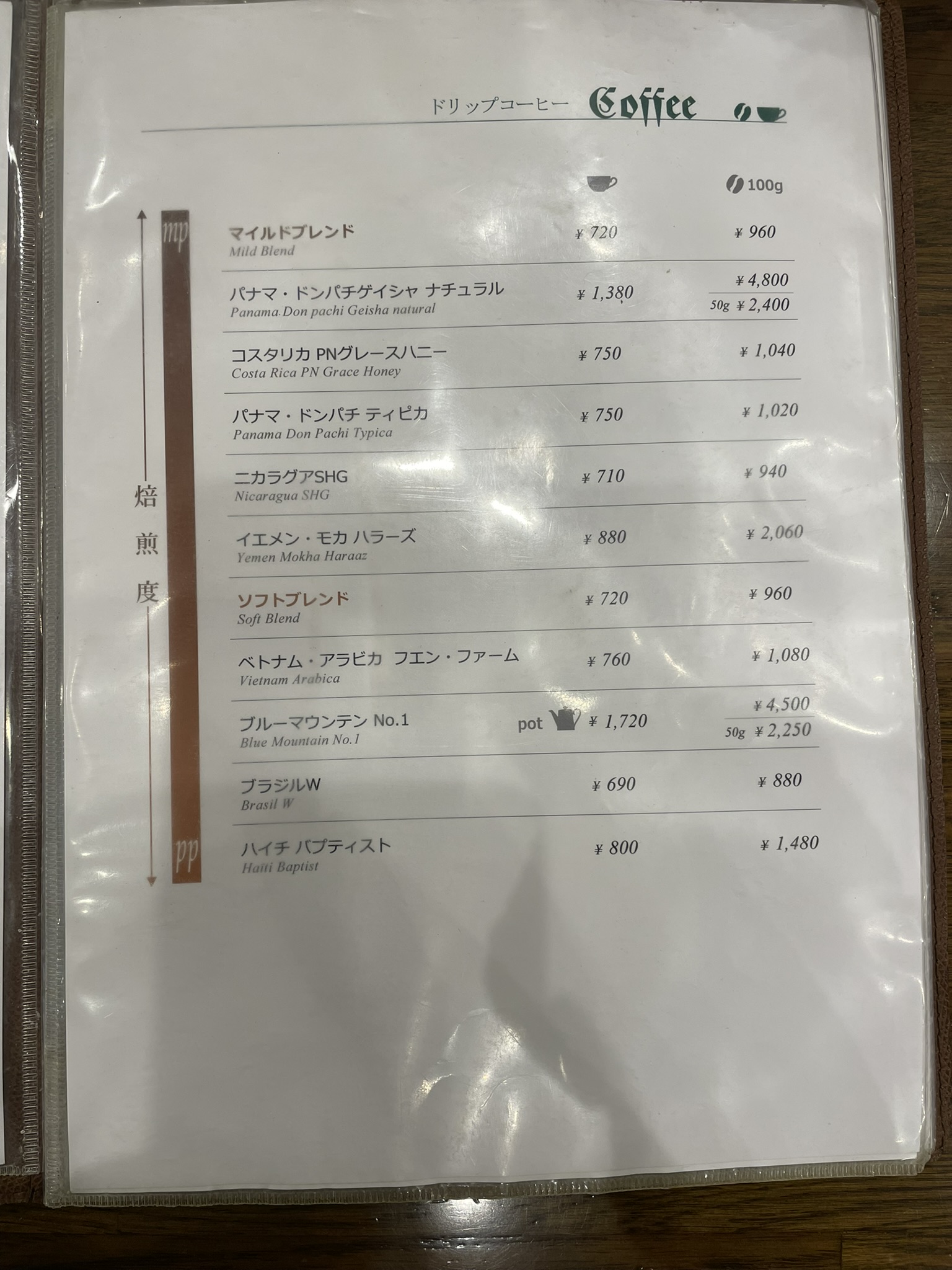 カフェバッハさんの「ドリップコーヒー」メニュー表（mp-pp）
