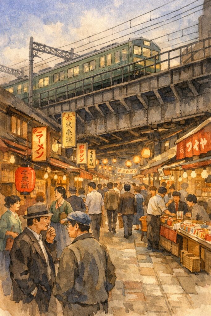 上野駅のガード下に広がる、昭和の飲み屋街と人でにぎわう通りのイラスト。