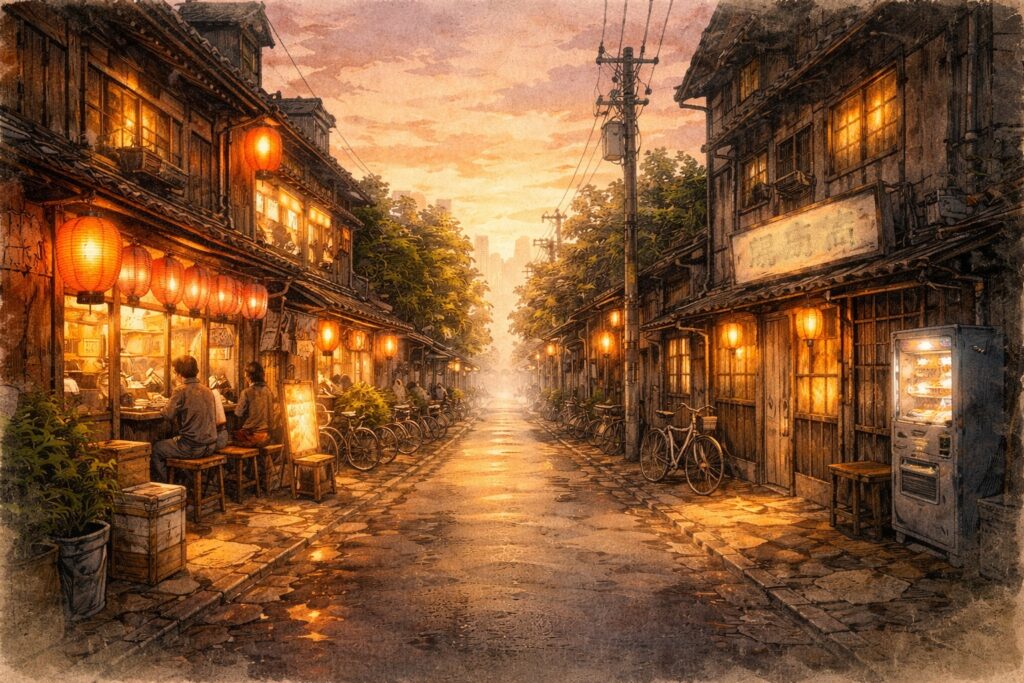 夕暮れの浅草と山谷を結ぶ一本道。左ににぎやかな商店街、右に静かな路地と簡易宿泊所が並ぶ昭和レトロ風の水彩画イラスト。