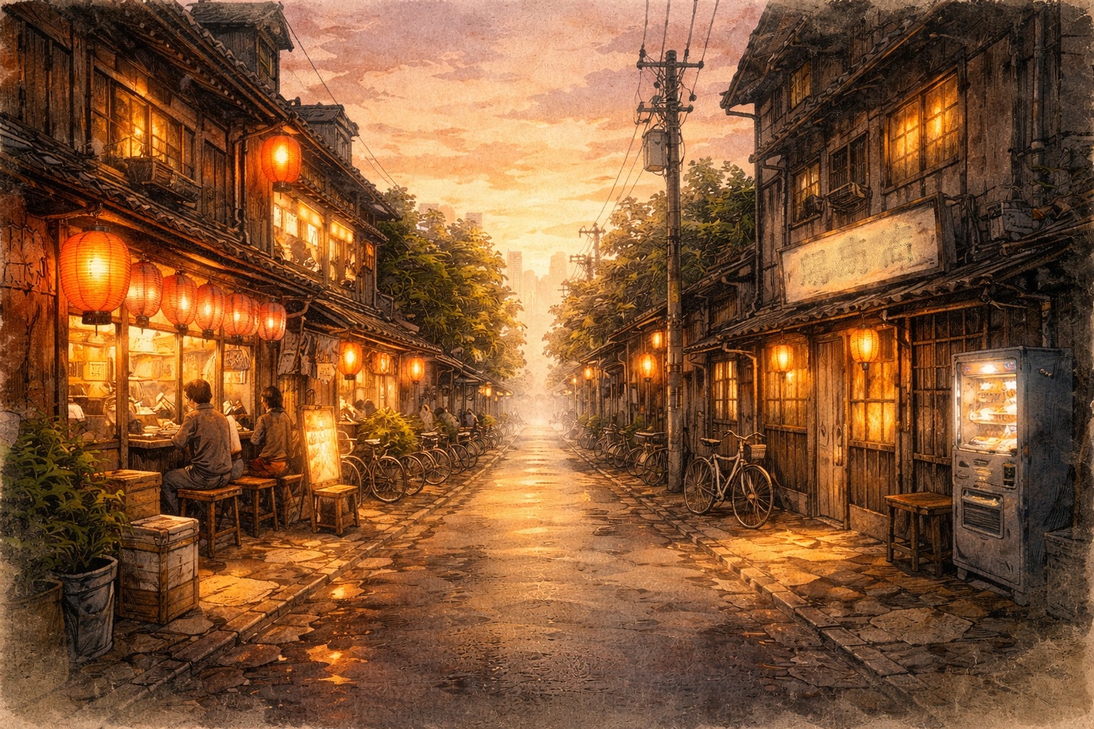 夕暮れの浅草と山谷を結ぶ一本道。左ににぎやかな商店街、右に静かな路地と簡易宿泊所が並ぶ昭和レトロ風の水彩画イラスト。