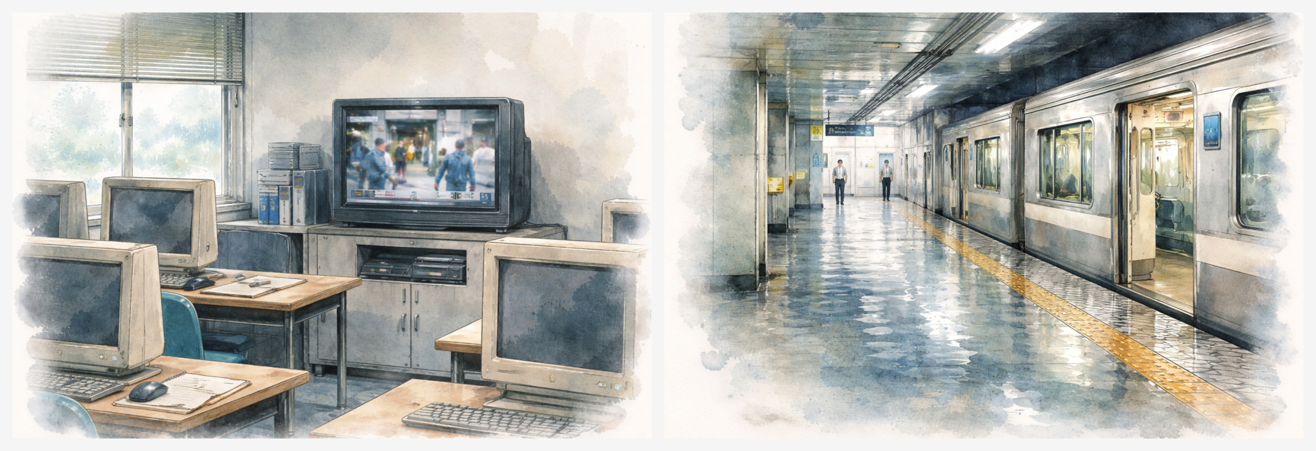 人が少ない駅のホームとPCスクールの教室。静かな違和感。