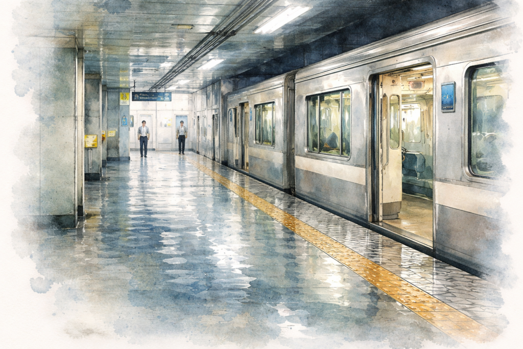 人の少ない濡れたホームの静かな違和感。