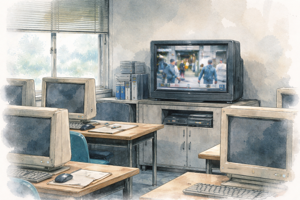 PCスクールの教室。テレビでニュースが流れている。