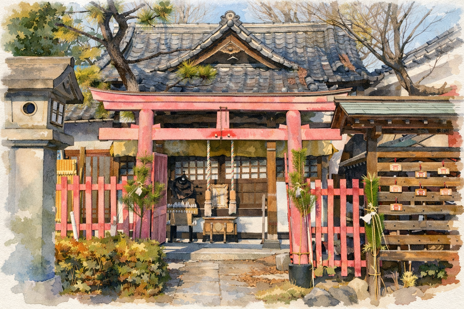 水彩画風に描いた玉姫稲荷神社の口入稲荷神社の社殿。