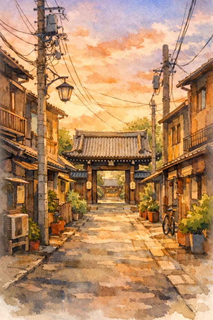 下町の細い路地の奥に寺の山門が見える風景を描いた水彩イラスト。