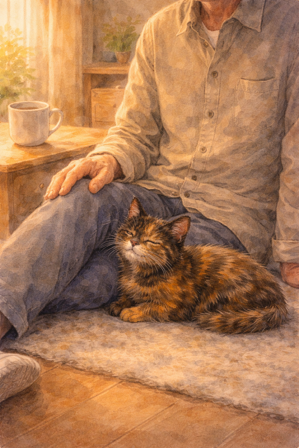 サビ猫サビちゃんが室内で男性のそばに寄り添い、穏やかな表情でくつろいでいる様子の水彩イラスト。