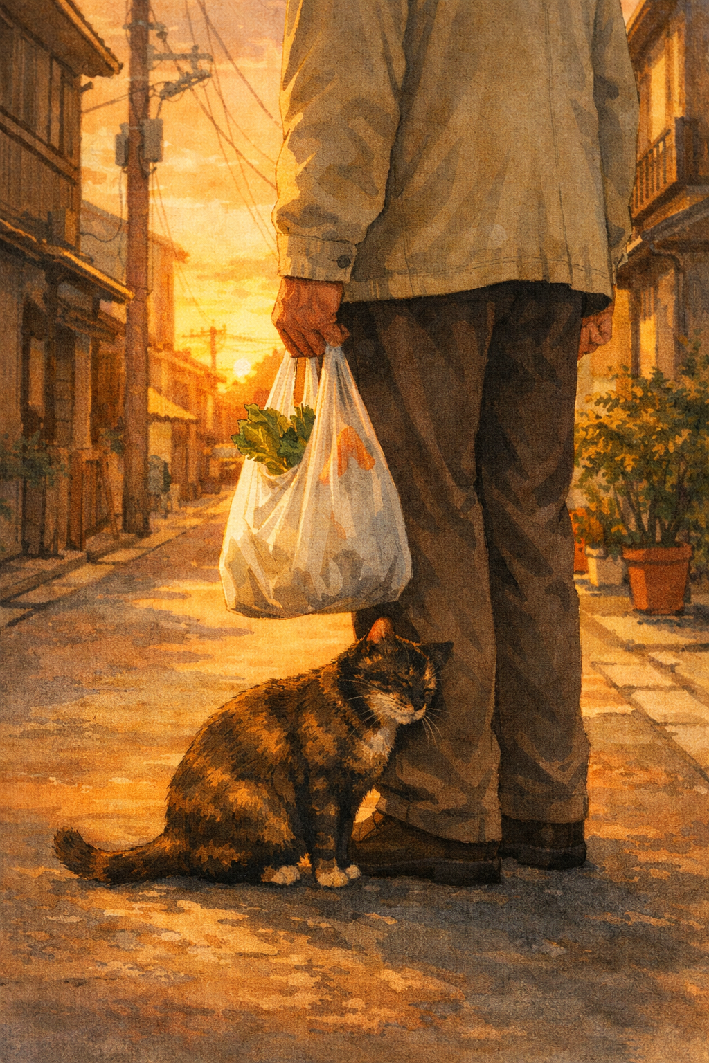 夕暮れの住宅街で、野菜の入った袋を持つ男性の足元にサビ猫サビちゃんが寄り添っている水彩イラスト。