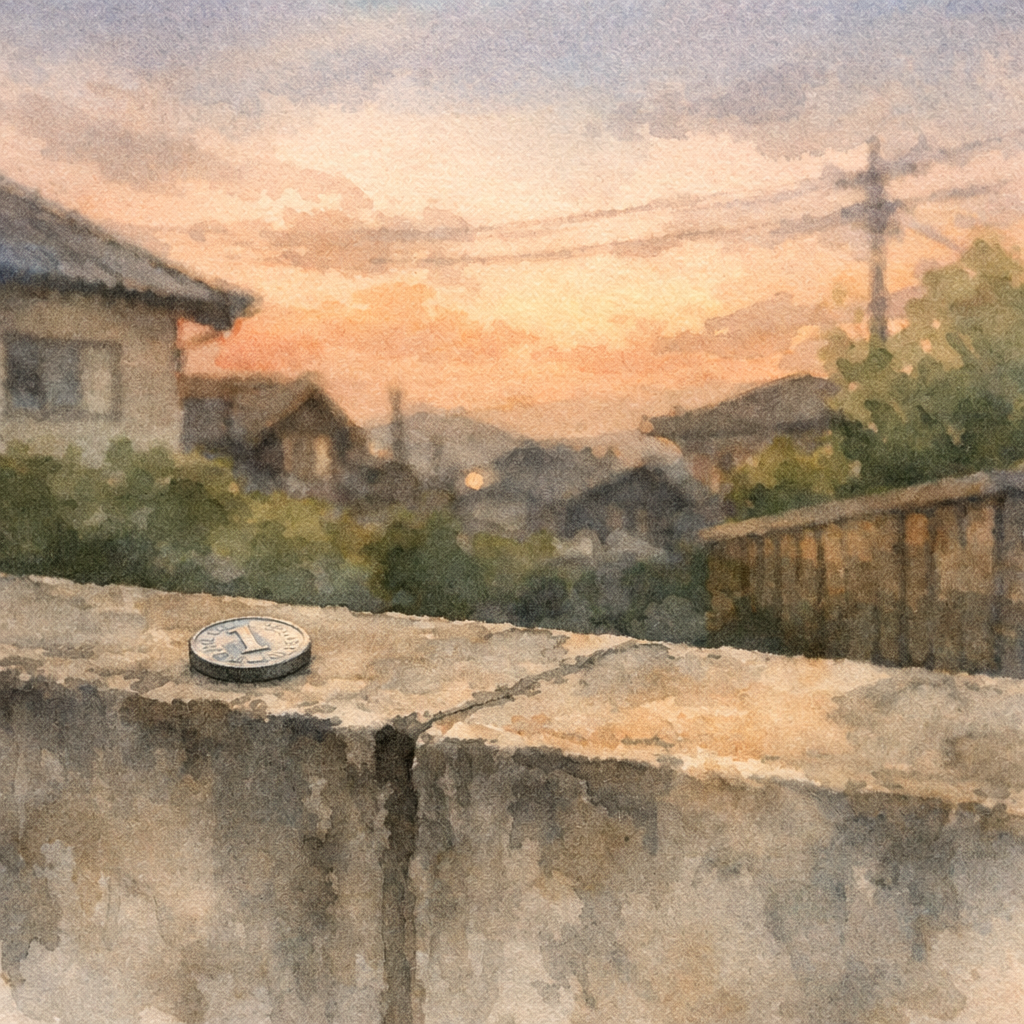 住宅街の塀の上に1円玉が1枚だけ置かれている夕方の風景。