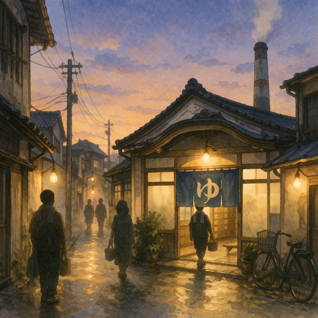夕暮れの下町で、煙突のある銭湯に人が集まる様子の水彩イラスト(イラスト:AI作成)。
