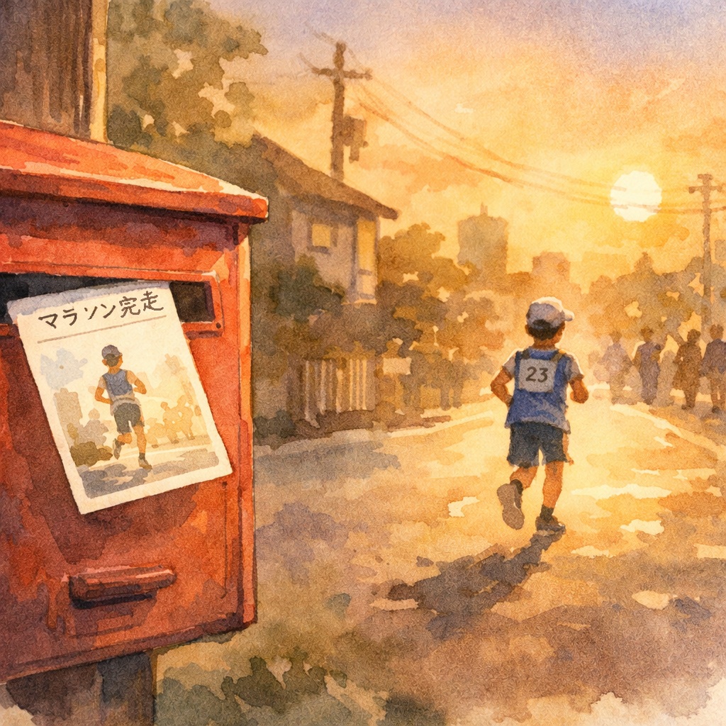 夕暮れの住宅街で、赤いポストに差し込まれたマラソン大会のハガキと、遠くへ走っていく少年の後ろ姿を描いた水彩イラスト。