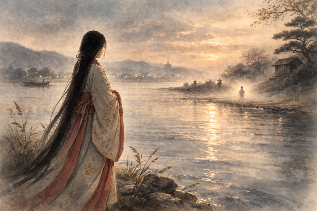 川の向こうを見つめる平安時代の女性と、遠く霧の中に立つ子どもの姿のイメージイラスト。