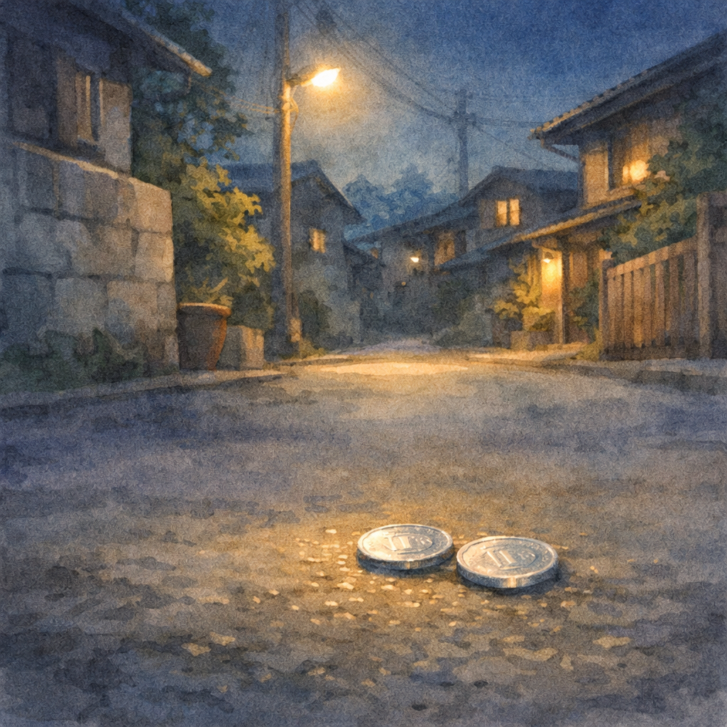 夜の住宅街の路地に落ちた2枚の一円玉が、街灯の光で小さく光っているイラスト。