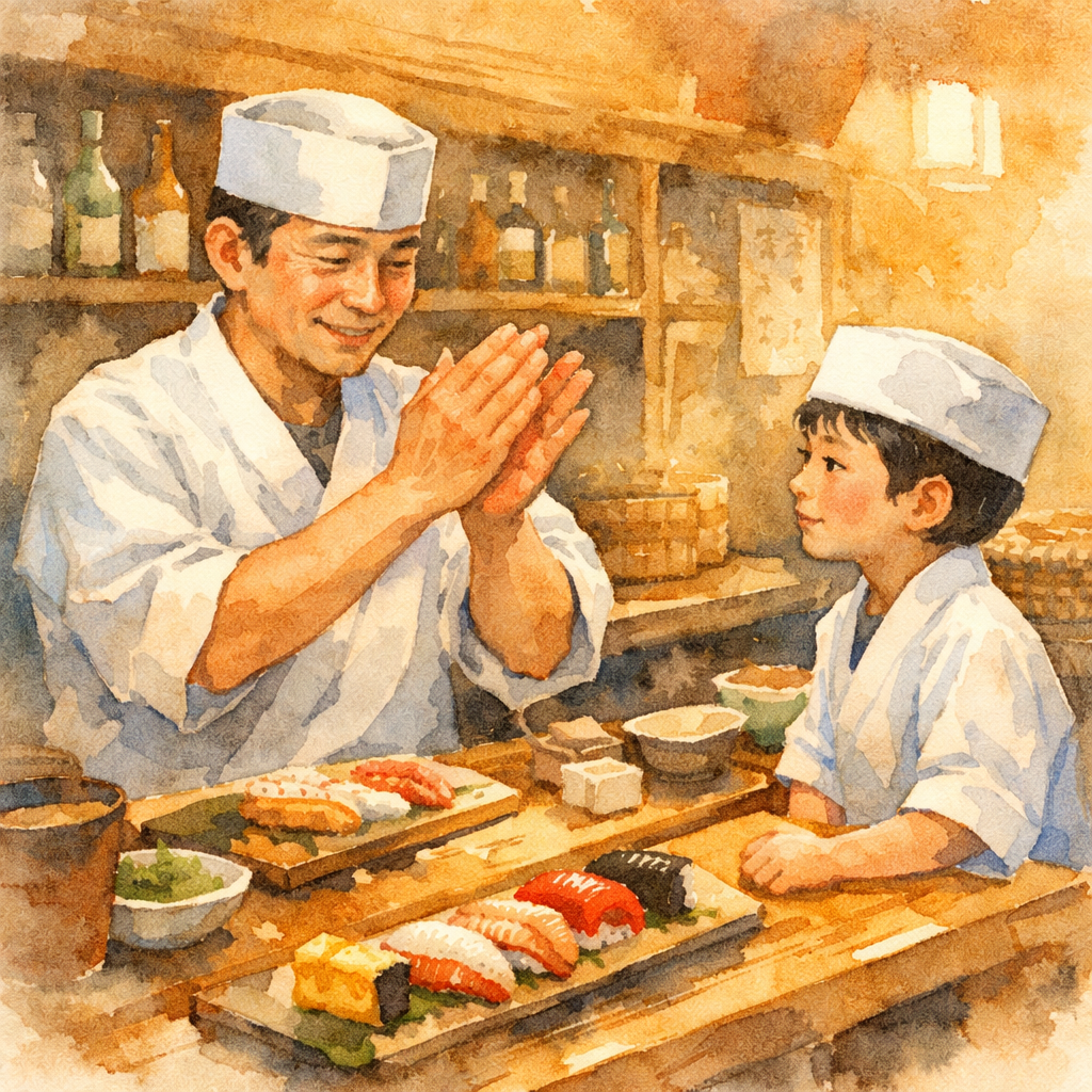 上野の小さな寿司屋のカウンターで、手を打って調子をつけながら寿司を握る職人と、それを見つめる白衣姿の少年の水彩画イラスト。