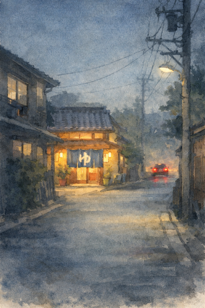 夜の下町の銭湯と静かな路地、遠くを走るタクシーの光(イラスト:AI作成)。