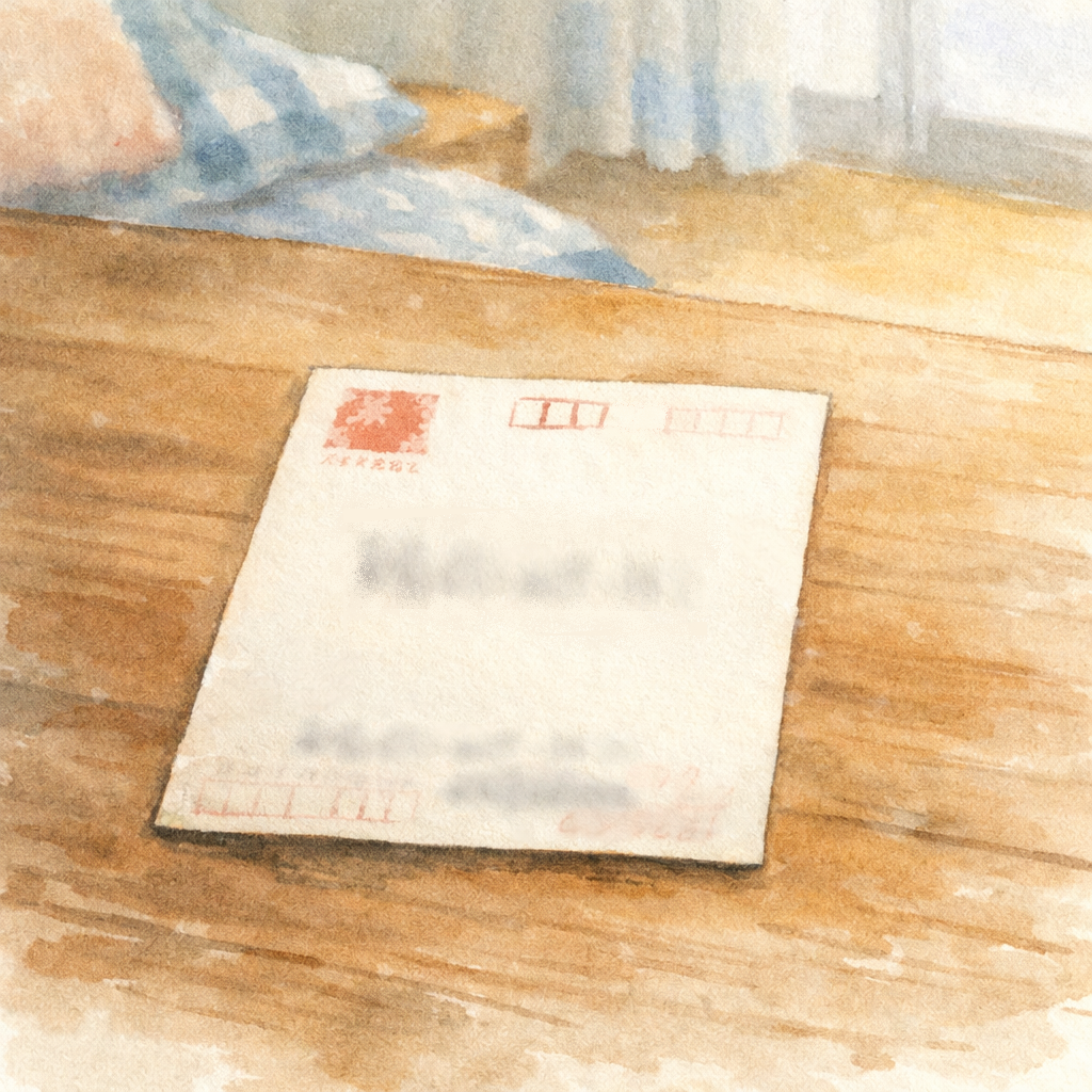 木のテーブルの上に置かれた年賀状。宛名はぼかされている静かな冬の室内（イラスト：AI作成）。