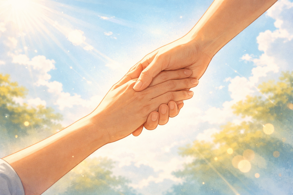 青空の下で、互いに手を取り合い支え合う二人の手のイメージ（イラスト：AI作成）。
