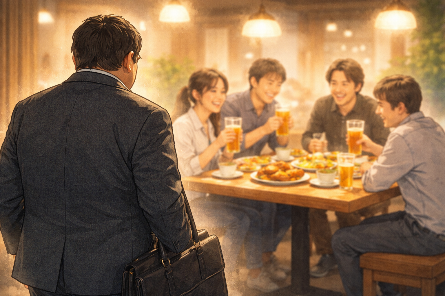 食事を楽しむグループに、スーツ姿の人物が近づく様子のイメージ（イラスト：AI作成）。