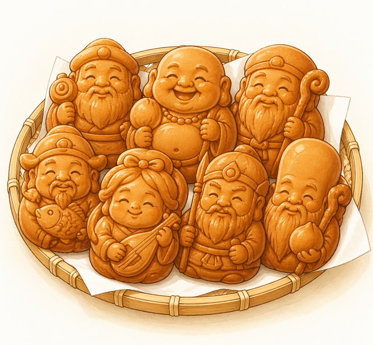 可愛い七福神をかたどった人形焼きが並ぶイラスト（イラスト：AI作成）。