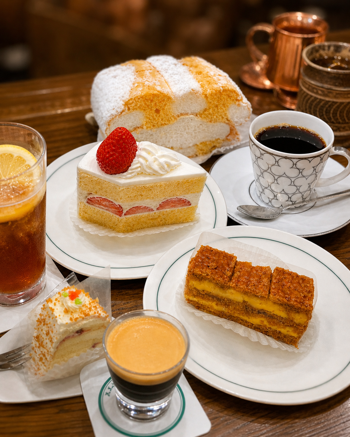 カフェ・バッハさんの2026年春の「季節のケーキ」と新ドリンクの写真（写真構成：AI使用）。