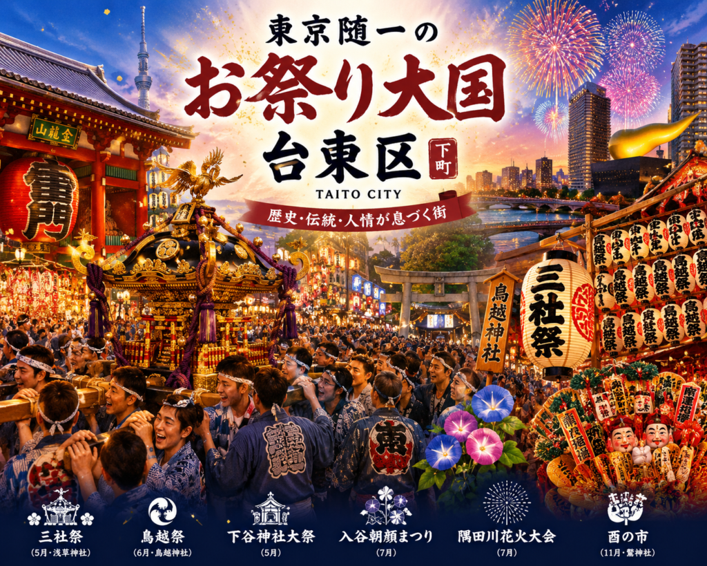浅草寺の雷門や神輿、花火、酉の市の熊手など、台東区を代表する祭り文化が描かれた華やかなイラスト(イラスト:AI作成)。