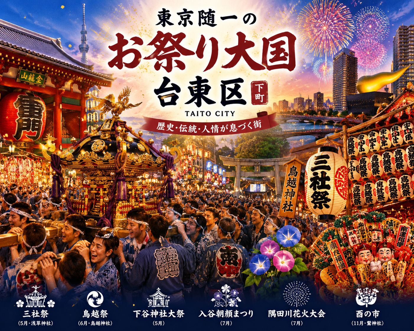 浅草寺の雷門や神輿、花火、酉の市の熊手など、台東区を代表する祭り文化が描かれた華やかなイラスト（イラスト：AI作成）。