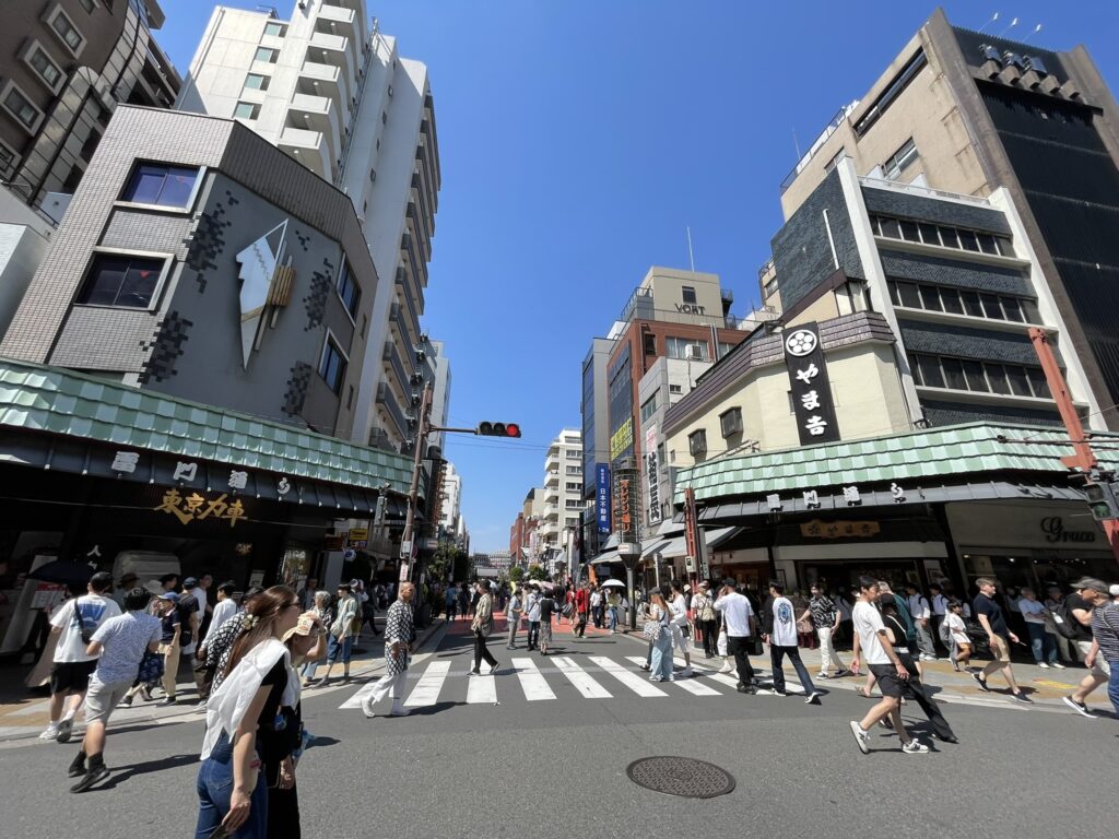 交通規制中の雷門通りを歩く人々。普段は歩けない車道を歩ける、お祭りならではの体験です。